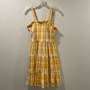 COTTON & RYE "Ellie May" Mini Plaid Sundress Smocked Ruffles, Yellow/Ivory - M